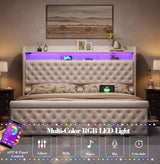 ROCHECASA Twin Bed Frame with Storage, Velvet Upholstered Bed with Charging Station and LED Light, Deep Button Tufted Wingback Headboard, No Box Spring Needed, Noise Free, Easy Assembly, Cream ROCHECASA