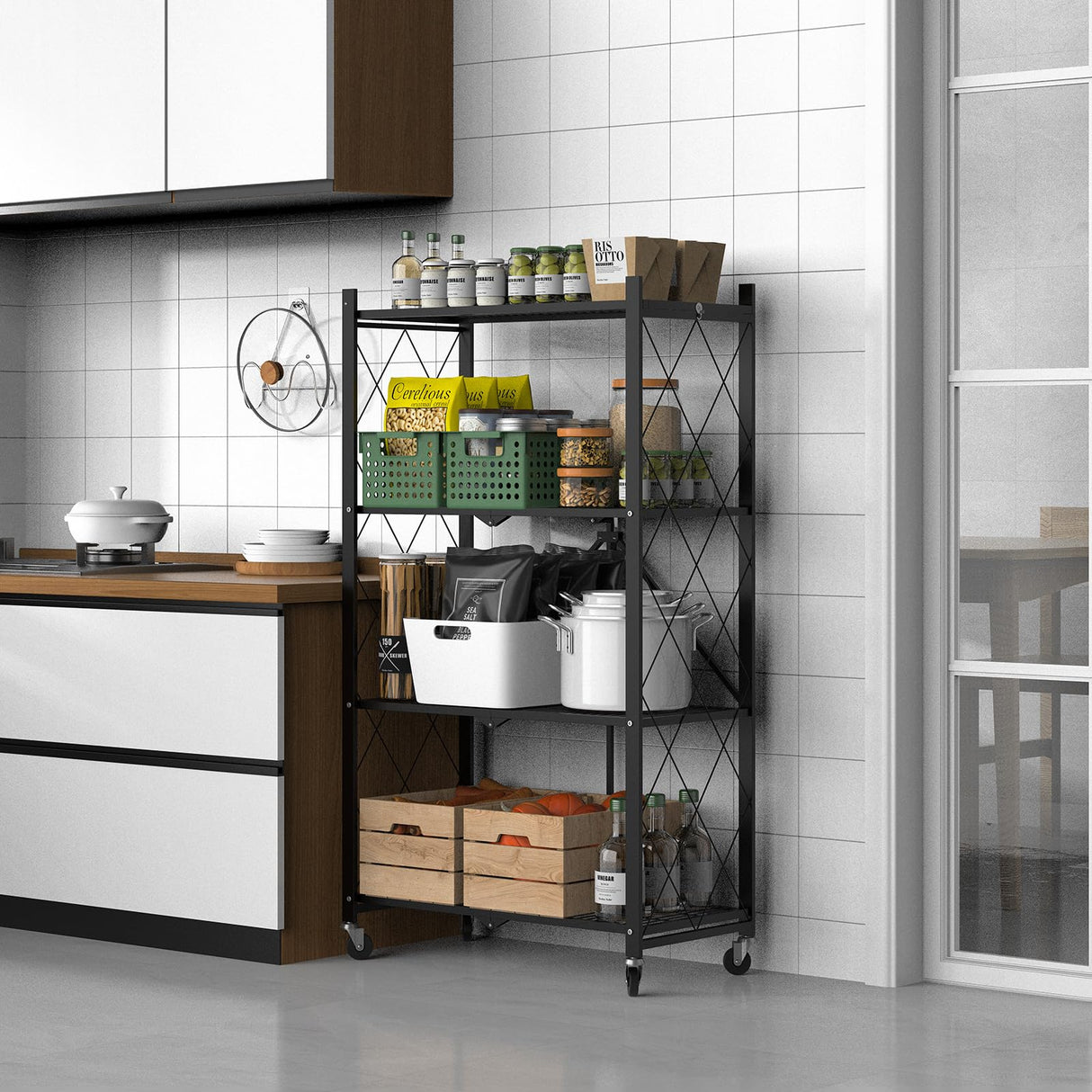 FREGREE 50" H 4 Tier Foldable Storage Shelf with Wheels, Folding Shelving Loads 400 LBS, Metal Steel Garage Shelves, Rolling Standing Utility Rack for Kitchen, Pantry, Office, Black FREGREE