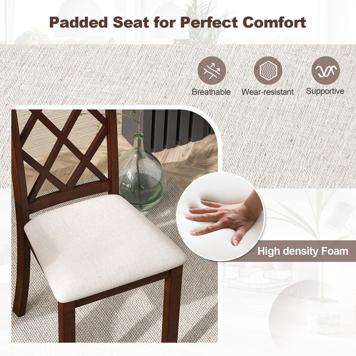 Giantex Wood Dining Chairs Set of 2, Farmhouse Kitchen Chair with Rubber Wood Legs, Max Load 400 Lbs, Armless Wooden Dining Side Chairs w/Cushion Seat, High Back Upholstered Dining Room Chair, Walnut Giantex