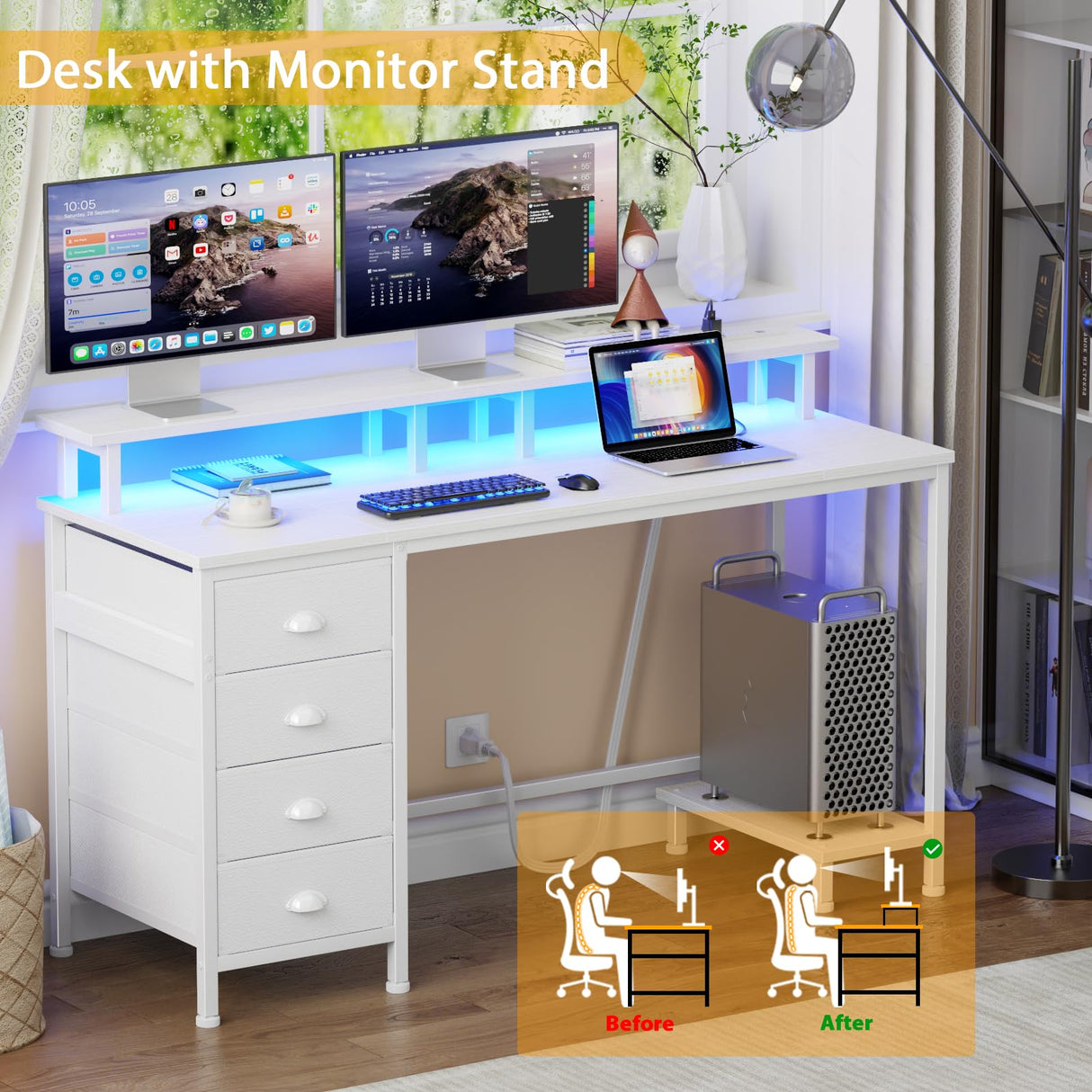 Furologee Computer Desk with 4 Fabric Drawers, 47in Gaming Desk with Power Outlets and LED Lights, Home Office Desk with Full Monitor Stand and Shelf, Study Writing Desk for Bedroom, White Furologee