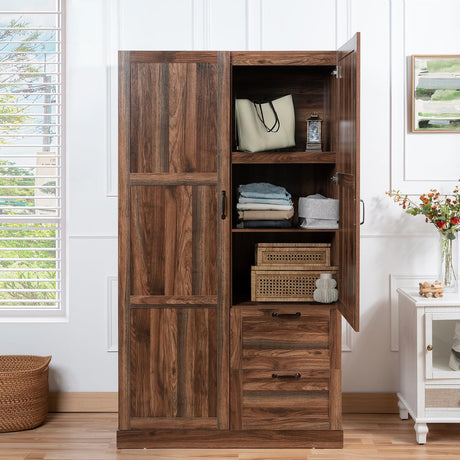Naomi Home Storage Cabinet with 2 Barn Doors, 2 Drawers & Adjustable Shelves – Tall Wardrobe Closet Armoire for Bedroom, Living Room, or Utility Space – Brown Oak Finish Naomi Home