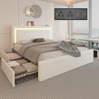 Queen Size Bed Frame with 4 Storage Drawers and LED Lights, Upholstered Platform Bed with Adjustable Headboard and Charging Station, Metal Slats Support, No Box Spring Needed,Easy Assembly, White