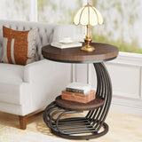 Tribesigns Round End Side Table: Side Table with 2 Tiers Storage Shelves, Vintage End Table for Living Room, Small Bedside Table Accent Table with Arc-Shaped Frame, Rustic Brown Tribesigns