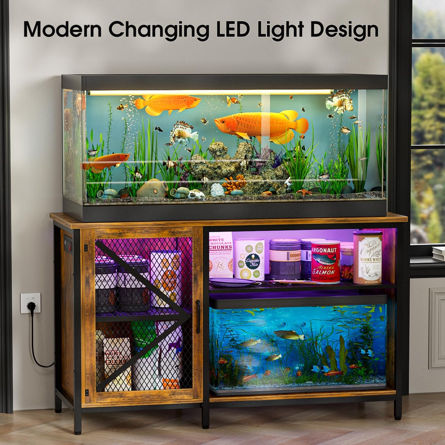 Oarlike 55-75 Gallon Fish Tank Stand with LED Light and Power Outlets, Heavy Duty Metal Aquarium Stand with Cabinet for Fish Tank Accessories Storage, Turtle/Reptile Tank Stand (Rustic Wood)