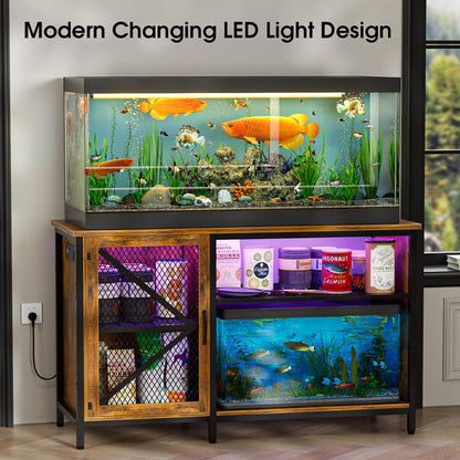 Oarlike 55-75 Gallon Fish Tank Stand with LED Light and Power Outlets, Heavy Duty Metal Aquarium Stand with Cabinet for Fish Tank Accessories Storage, Turtle/Reptile Tank Stand (Rustic Wood)