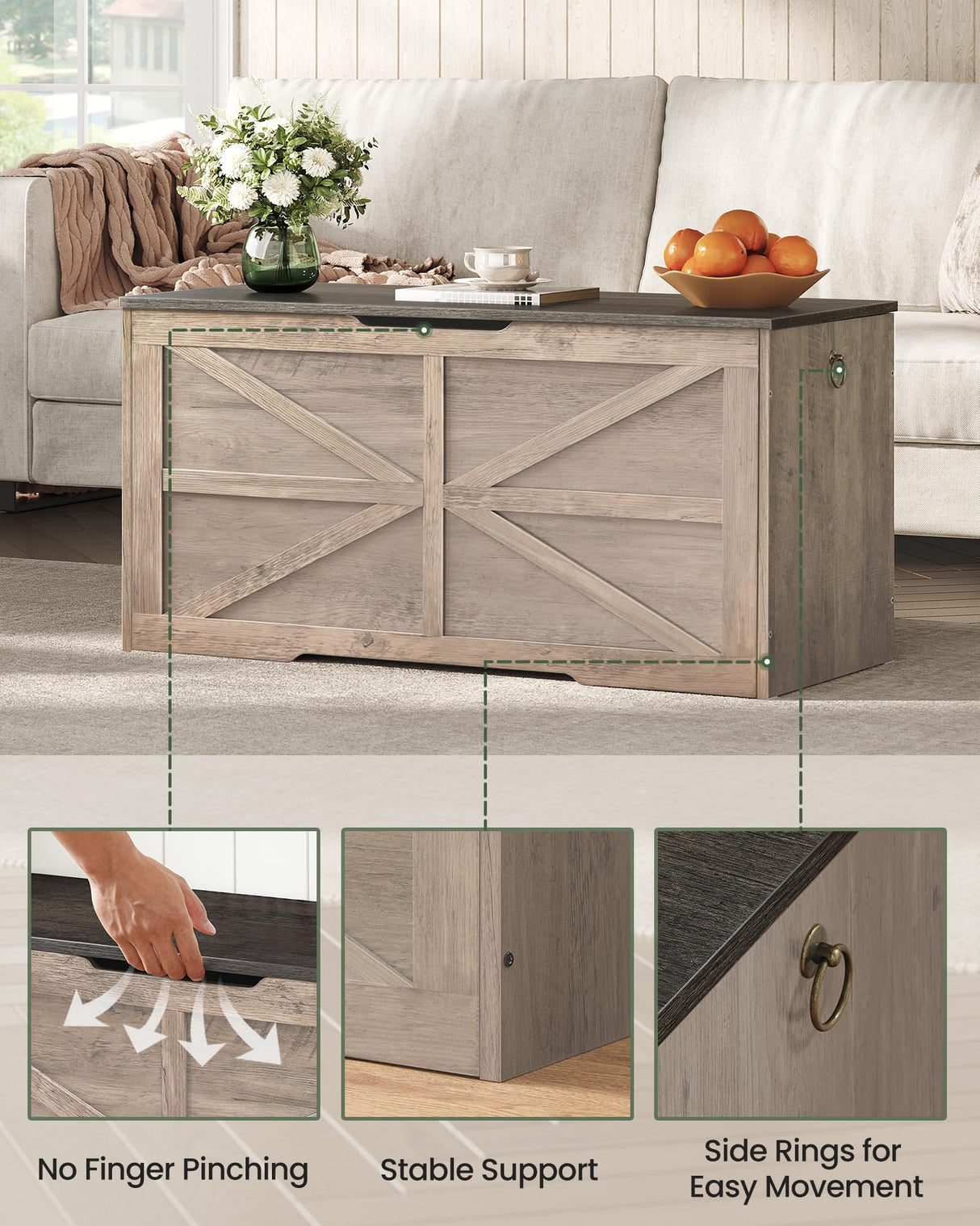 CHOEZON Storage Chest, 39.4" Wooden Storage Trunk, Retro Storage Bench with Safety Hinge, Toy Chest Storage, Farmhouse Style, for Bedroom, Living Room, Charcoal Gray and Greige MCW10HC CHOEZON