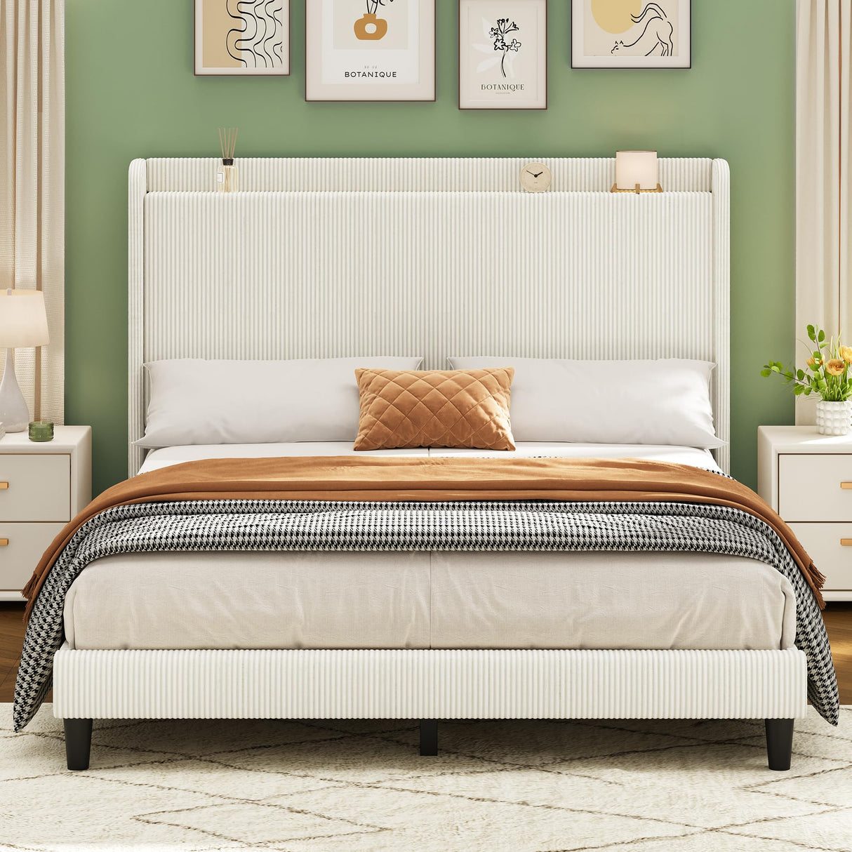 YITAHOME Corduroy Queen Size Bed Frame, Upholstered Platform Bed with Adjustable Headboard & Sturdy Wood Slat, Box Spring Not Needed, Beige Cream YITAHOME