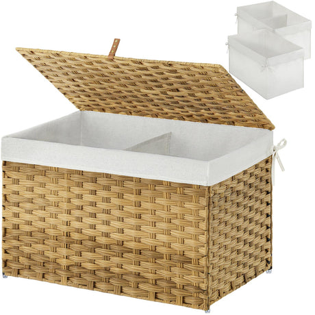 GREENSTELL Storage Basket with Lid, Handwoven Blanket Storage Basket with Cotton Liner and Metal Frame, Foldable & Easy to Install, Shelf Basket with Handle for Bedroom, Laundry Room Natural 105L GREENSTELL