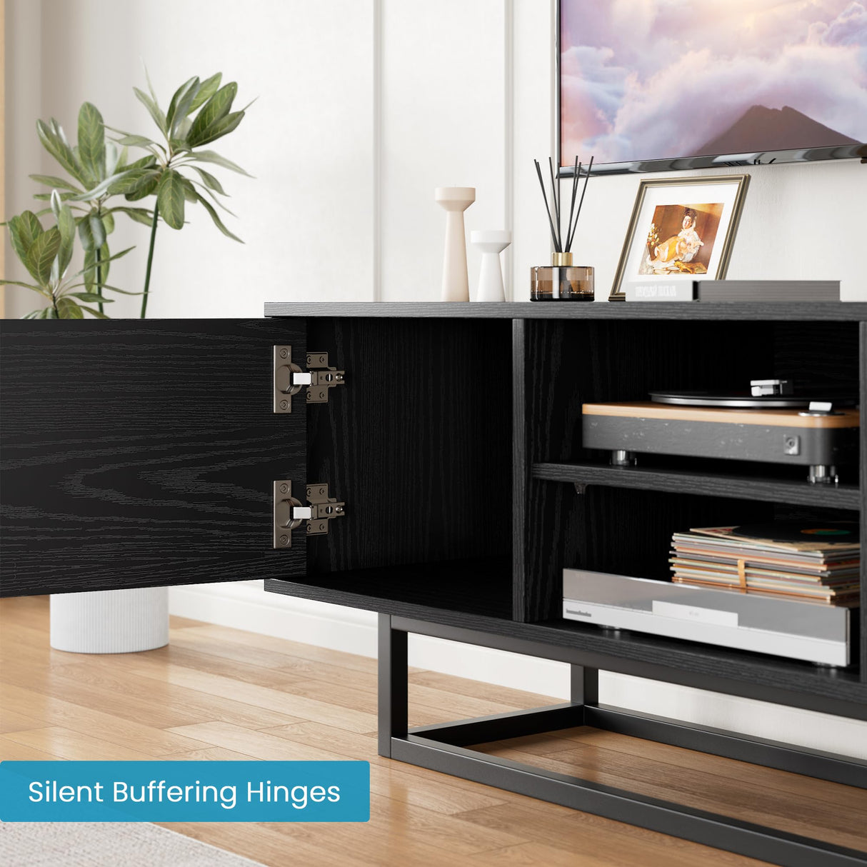 HAIOOU TV Stand for 50 55 Inch TV, Modern TV Console Small Entertainment Center with Sturdy Metal Base, Push-to-Open Doors and Soft-Close Hinges for Living Room, Bedroom - Wood Grain Black HAIOOU