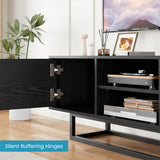 HAIOOU TV Stand for 50 55 Inch TV, Modern TV Console Small Entertainment Center with Sturdy Metal Base, Push-to-Open Doors and Soft-Close Hinges for Living Room, Bedroom - Wood Grain Black HAIOOU