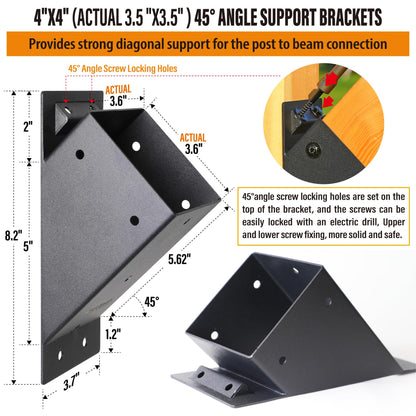 Wocepu 4pack 4x4 (Actual 3.5''x3.5'') Degree Angle Support Brackets, For Pergola, Gazebo, Deck Wood Frame Structures Provide Support 45° Degree Angle Bracket