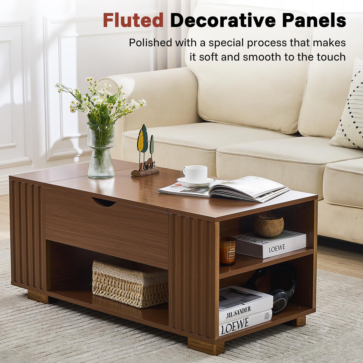 Redkey Lift Top Coffee Table -Fluted Wood Center Table with Hidden Compartment and Storage Shelf- Lift Tabletop for Home Living Room Office - Walnut Redkey