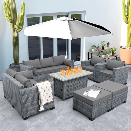 Lviden 7 Piece Wicker Patio Furniture Sets Outdoor Conversation Set, PE Rattan Sectional Sofa Couch with Fire Pit Table and Non-Slip Grey Cushions, Furniture Covers Included Lviden