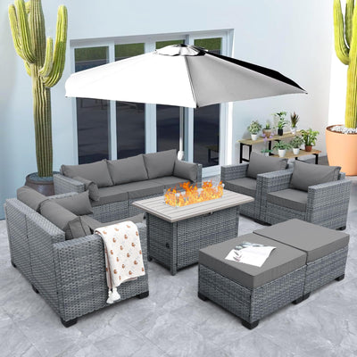 Lviden 7 Piece Wicker Patio Furniture Sets Outdoor Conversation Set, PE Rattan Sectional Sofa Couch with Fire Pit Table and Non-Slip Grey Cushions, Furniture Covers Included