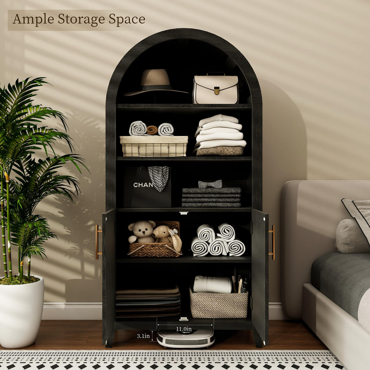 infurnic 63“ Arched Storage Cabinet with Beech Wood Door, 5-Tier Arched Bookcase, Farmhouse Kitchen Pantry with Storage – Perfect for Dining Room, Living Room, Kitchen, or Home Office infurnic