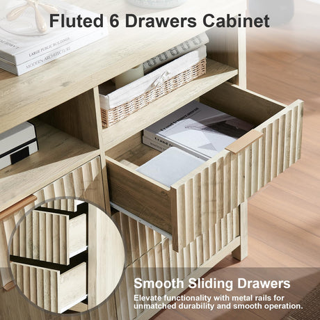 OAKHAM HOME 6 Drawer Dresser Fluted 6 Drawers Dresser Wood Modern Chest of Drawers with 2 Open Shelves, Wide Drawer Organizer Thickened Board Dresser TV Stand for Bedroom(Sunwashed Ash Oak) OAKHAM HOME