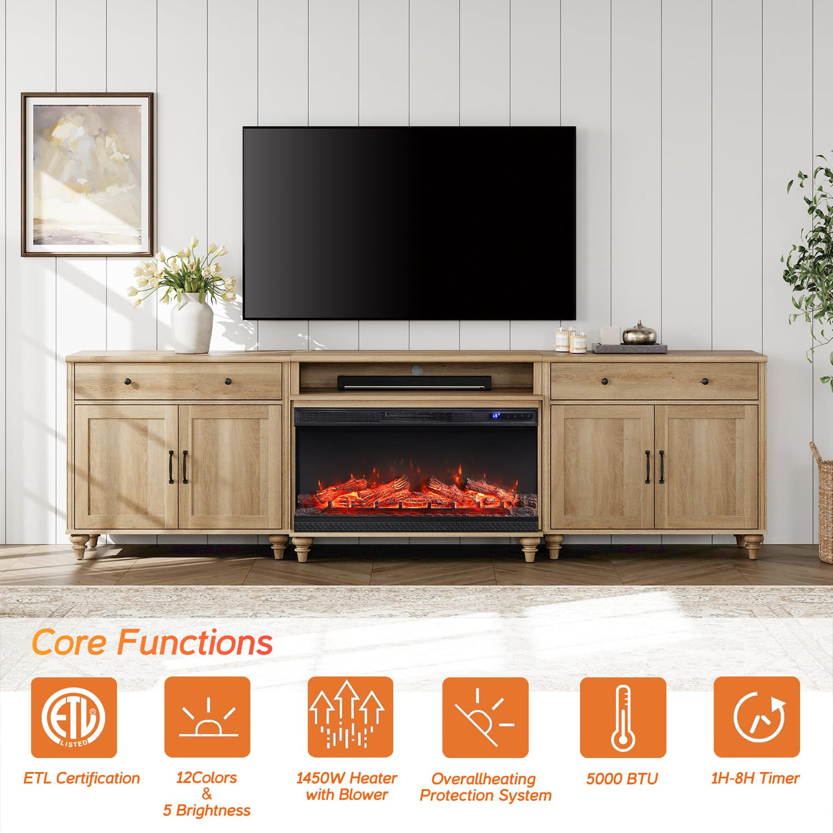 WAMPAT 36 inch 3-Sided Glass Electric Fireplace Insert, Freestanding Fireplace with Remote Control,12-Color Flame, 5 Adjustable Brightness,8 Hour Timer,1400W Fireplace Heater WAMPAT