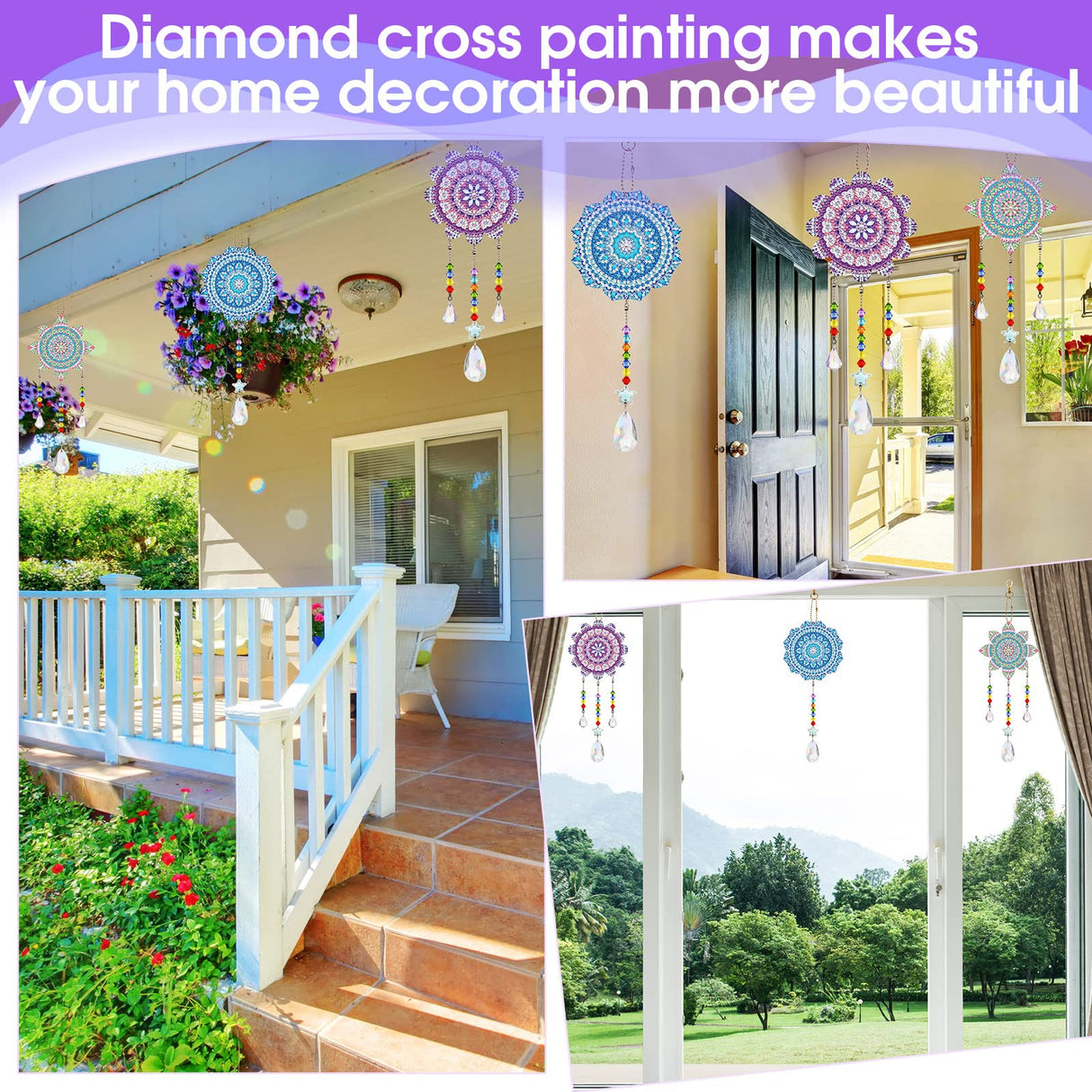 Macarrie 3 Pack Rhinestone Painting Suncatcher Wind Chime Double Sided Crystal Rhinestone Painting Hanging Ornament Flower Shape Suncatcher Kit for Adults DIY Window Home Garden(Fresh Style) Macarrie