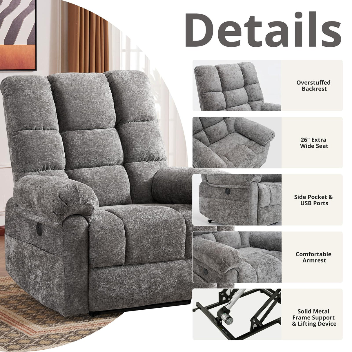 RUTOX Oversized Power Lift Recliner Chair for Elderly, Electric Lift Chair with Masssage and Heat, Overstuffed Power Recliner for Adults, 3 Positions,USB Ports, Side Pockets,Grey RUTOX