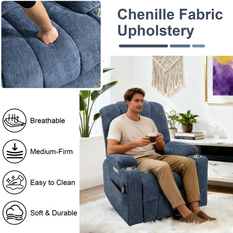 RHHVVR Power Lift Recliner Chair for Eldery, Chenille Electric Recliner Chairs with Massage and Heat, Remote Control Standing Assistance Lay Flat Recliner Sofa for Living Room Medium-Firm,Blue RHHVVR