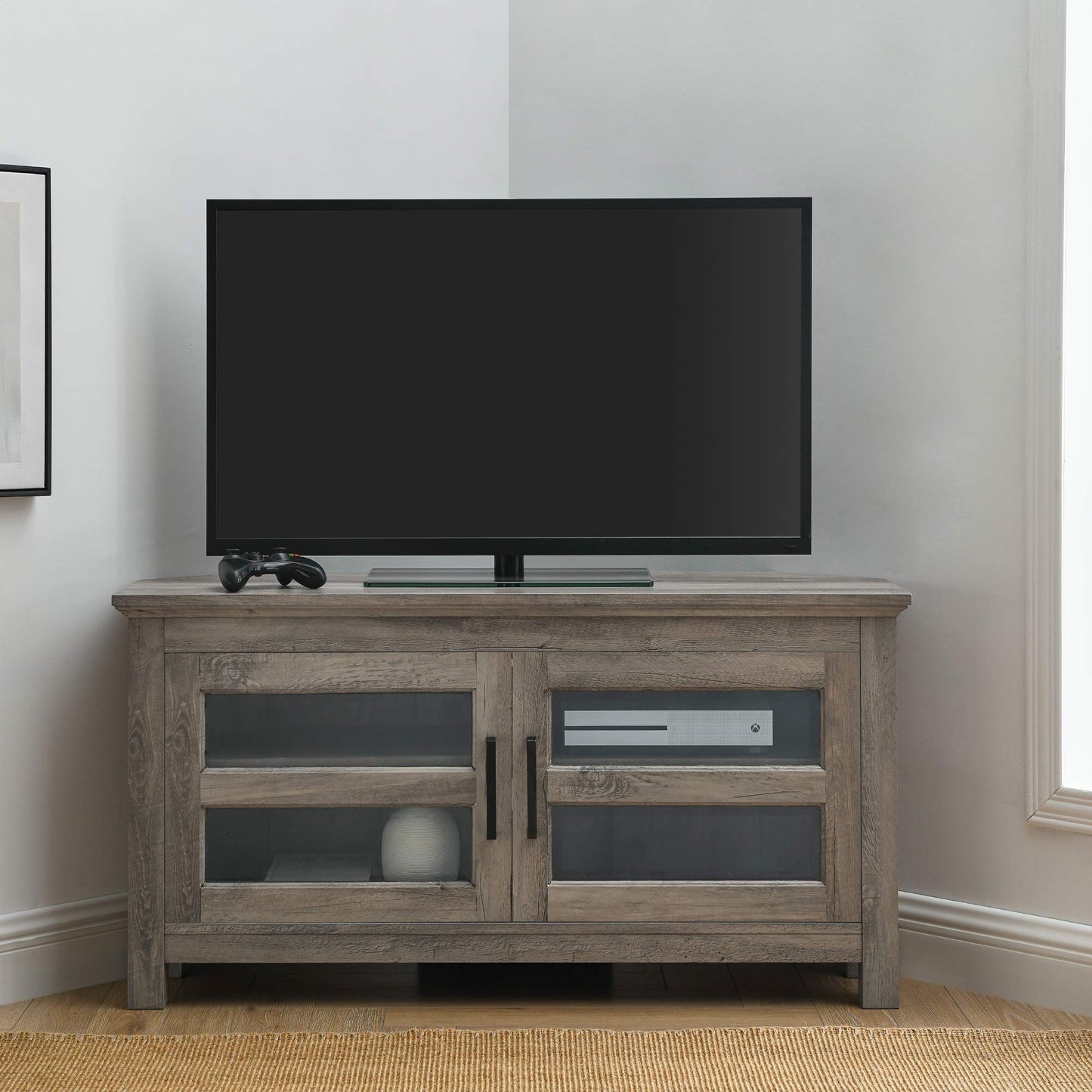 Walker Edison Modern Farmhouse Wood Corner Universal TV Stand for TV's up to 50" Flat Screen Living Room Storage Entertainment Center, 44 Inch, Grey