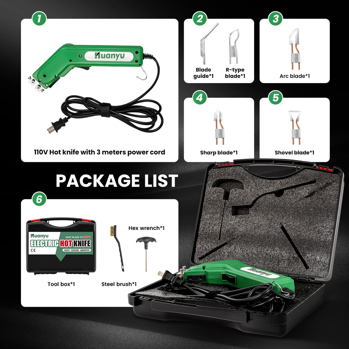 Huanyu Electric Hot Knife Rope Cutter Fabric Cutting Tool Kit 4 Blades Pro Fabric Cutting 600° C Heat Cutter 100W Heat Sealer for Sponge Cloth Board Webbing Continuous Working Huanyu