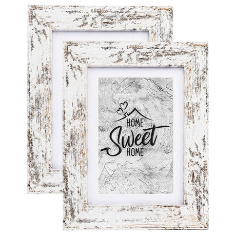 Califortree Rustic White 5x7 Picture Frame - Display Photos 4x6 with Mat or 5x7 Without Mat - Real Glass Frames for Wall and Tabletop - Set of 2 Califortree