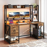 DWVO Computer Desk with Drawers & Hutch, 59.1" Office Desk with Power Outlets & LED Lights, Home Office Desk with Storage Shelves, Rustic Brown DWVO