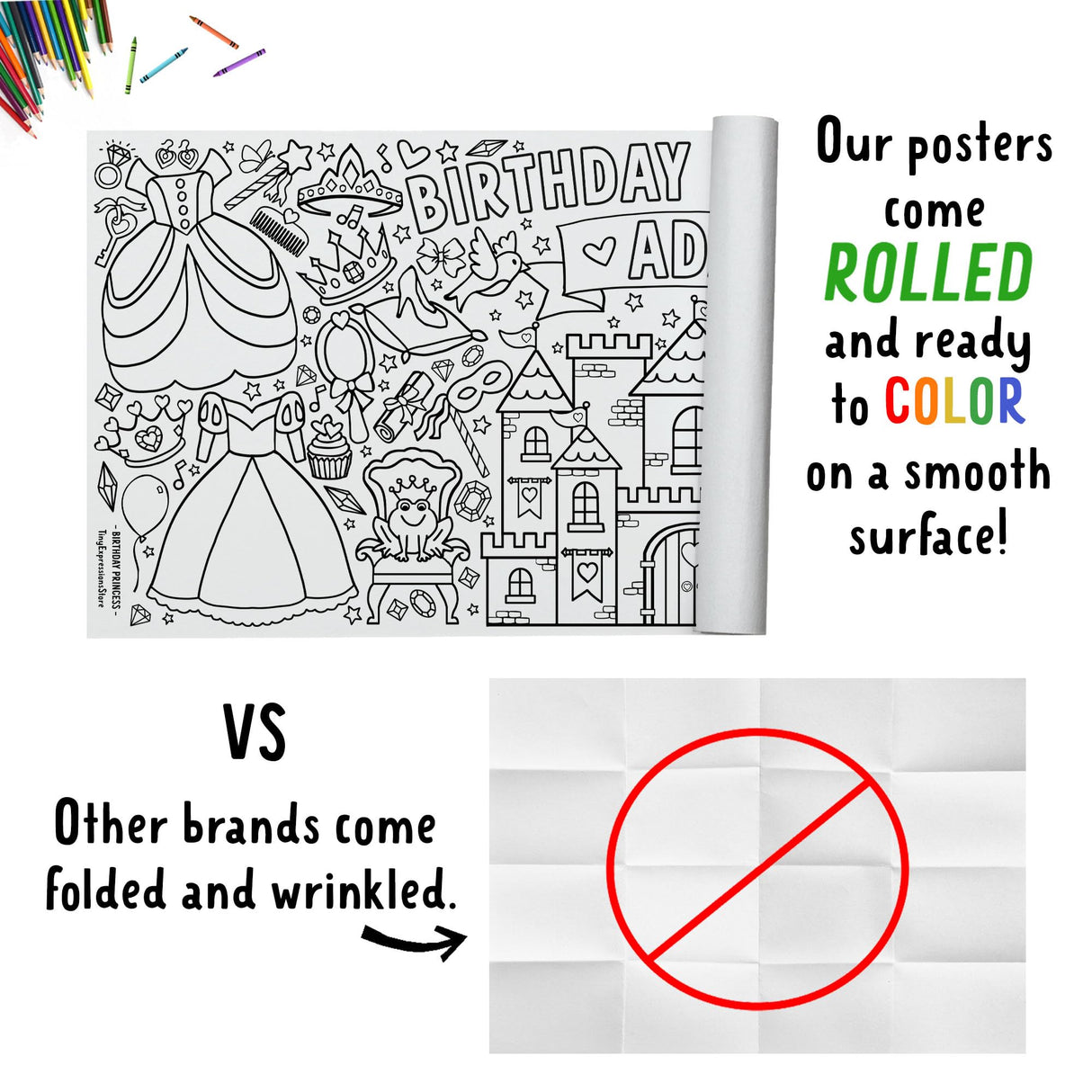 Tiny Expressions Personalized Princess Birthday Coloring Tablecloth - Rolled, No Creases 30" x 72" Giant Coloring Poster for Kids, Customizable with Child’s Name - Ideal for Princess-Themed Parties Tiny Expressions