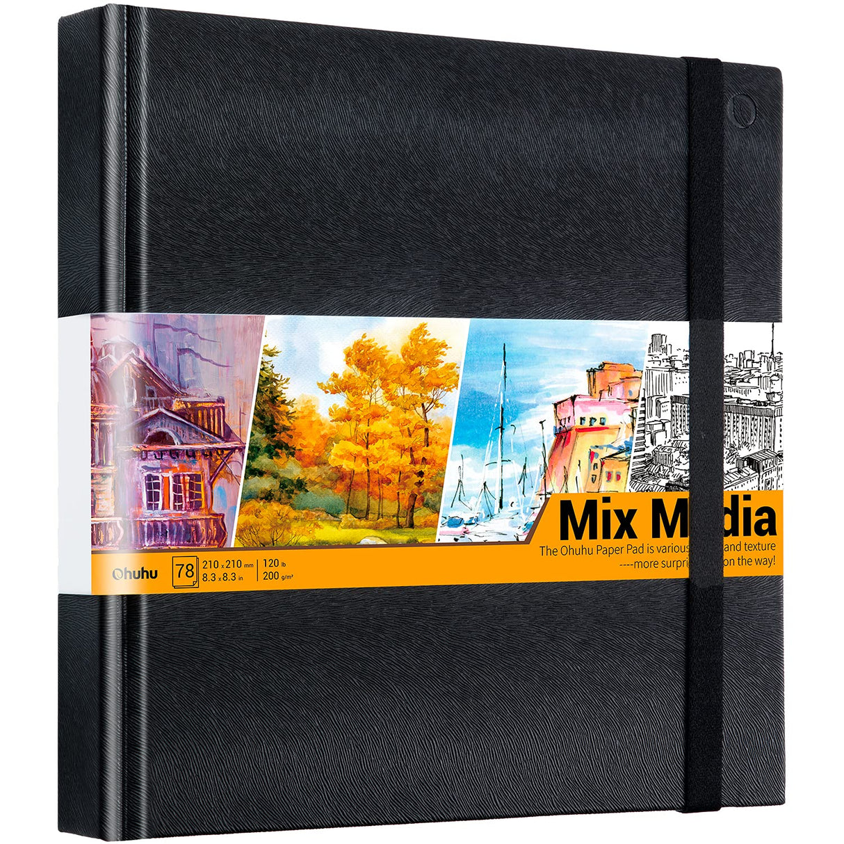 Ohuhu Mix Media Pad - 8.3"x8.3" Mixed Media Art Sketchbook, 120 lb/200 GSM Heavyweight Papers, 78 Sheets/156 Pages, PU Hardcover Mixed Media Paper Pad for Acrylic Painting Christmas Gift Ohuhu