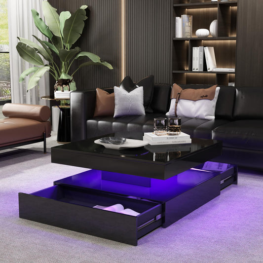 Black Coffee Table Square with LED Lights, High Glossy Center Table with Storage, Lighted Cocktail Table with Sliding Drawers, Modern Mid Century Table for Living Room, Home and Office