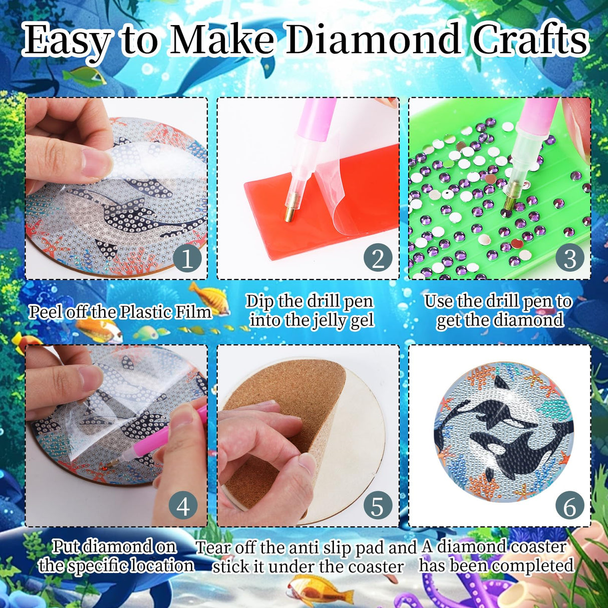Sitsink Diamond Art Coasters Kit - Nautical Marine Life Diamond Painting Coaster Kits, Summer Ocean Animal Rhinestone Get Art Crafting for Adult Women (8 pcs) Sitsink