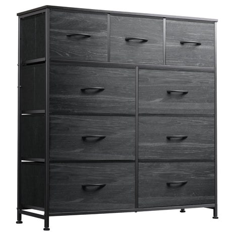 WLIVE 9-Drawer Dresser, Fabric Storage Tower for Bedroom, Entryway, Closet, Tall Chest Organizer Unit with Fabric Bins, Steel Frame, Wood Top, Easy Pull Handle, Charcoal Black Wood Grain Print WLIVE