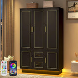 Hlivelood 75” Tall 3 Doors Armoire Wardrobe Closet with 2 Drawers and LED Lights, Modern Closet Wardrobe Cabinet with Shelves and Hanging Rod, Freestanding Wooden Armoire for Bedroom, Black Hlivelood