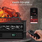 TURBRO Eternal Flame 26 in. WiFi Infrared Quartz Electric Fireplace Log Heater with Sound Crackling, Realistic Pinewood Logs, Adjustable Flame Colors, Remote Control, Thermostat, Timer, 1500W Black TURBRO