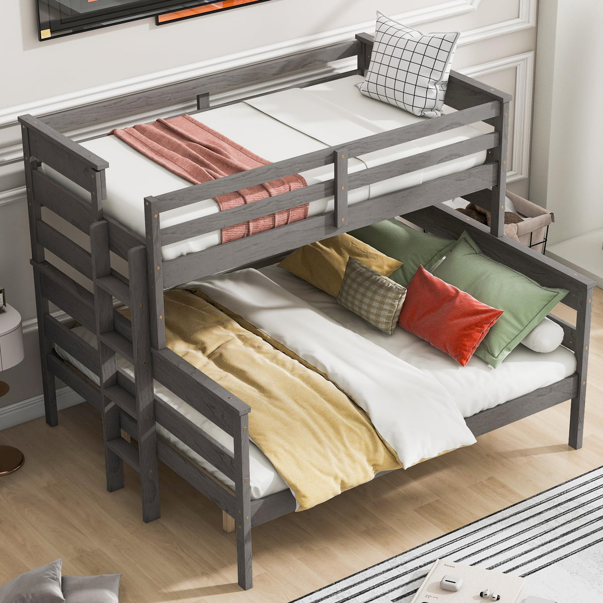 Harper & Bright Designs Twin XL Over Queen Detachable Bunk Bed with Ladder and Guardrails - Grey Wood Frame Harper & Bright Designs