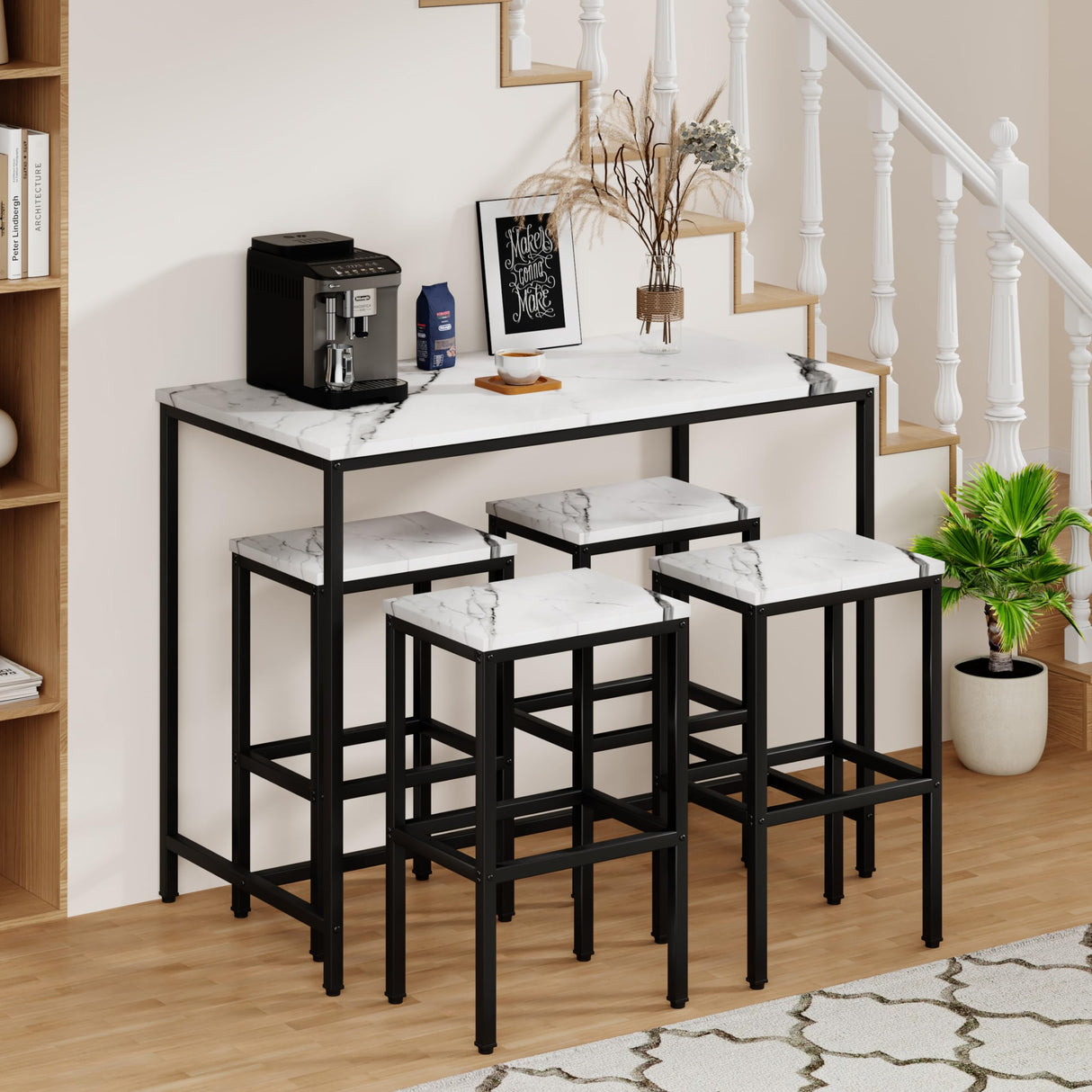 Yongchuang Modern 5 Piece Bar Table Set with White Faux Marble Top and 4 Backless Stools Yongchuang