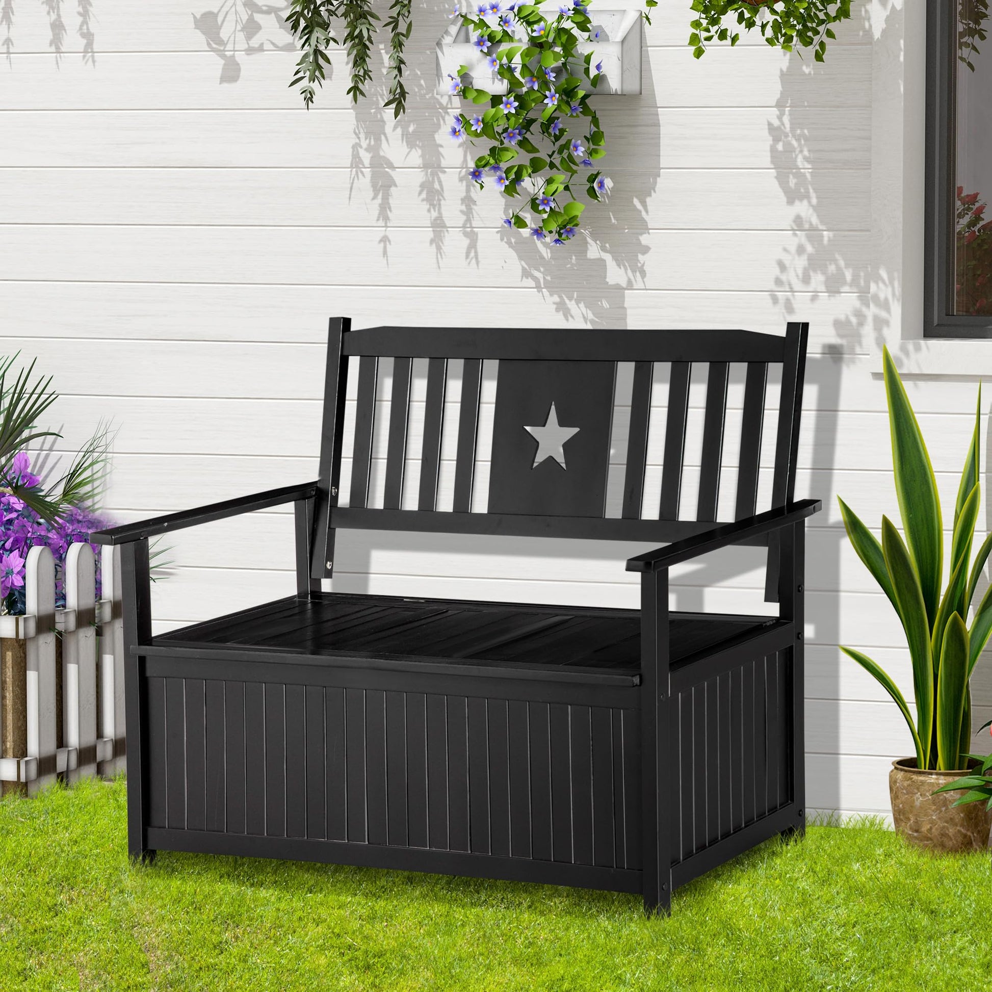 Outsunny 43 Gallon Outdoor Wooden Storage Bench with Backrest and Armrests, Black Star Motif - WoodArtSupply