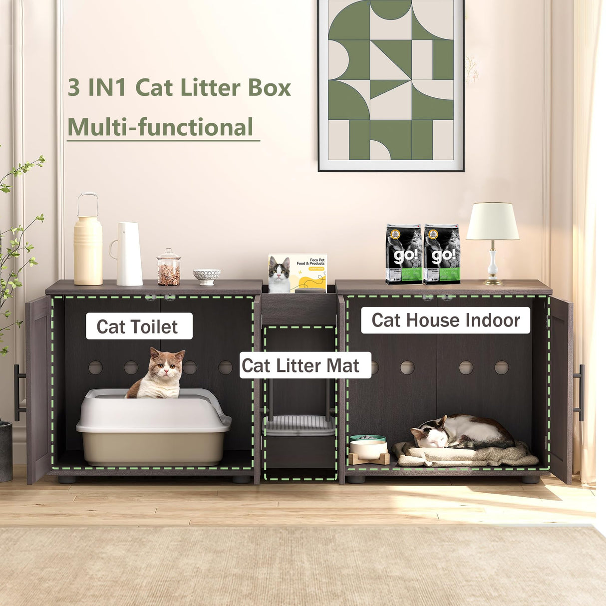 Cat Litter Box Enclosure Furniture for 2 Cats, 55" Large Hiddden Cat Litter Box Enclosure Furniture 3-IN-1 Wooden Cat Litter Cabinet with Barn Door & Double Rooms for Bedroom Living Room, Walnut GAOMON