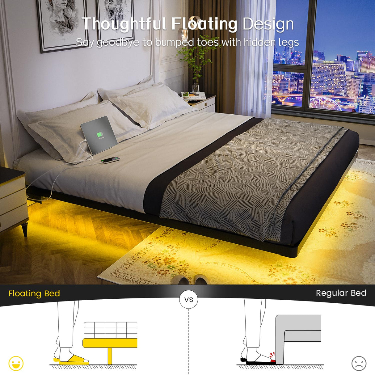 OLEVS King Size Floating Bed Frame, Metal Platform, with LED Light and Charging Station, No Box Spring Needed, Noise-Free, Easy Assembly OLEVS