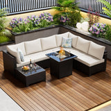 Peacabo 8 Piece Outdoor Patio Furniture Set with Fire Pit, Wicker Outdoor Sectional Sofa for Deck, Garden, Lawn (Brown and Beige) Peacabo