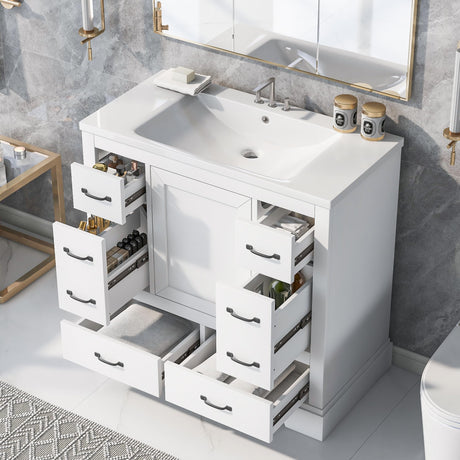 36" Bathroom Vanity with Sink, Harper & Bright Designs Free Standing Single Basin Vanity Set with 6 Drawers & One Cabinet with Adjustable Shelf, Bathroom Cabinet with Ceramic Basin for Bathroom, White Harper & Bright Designs