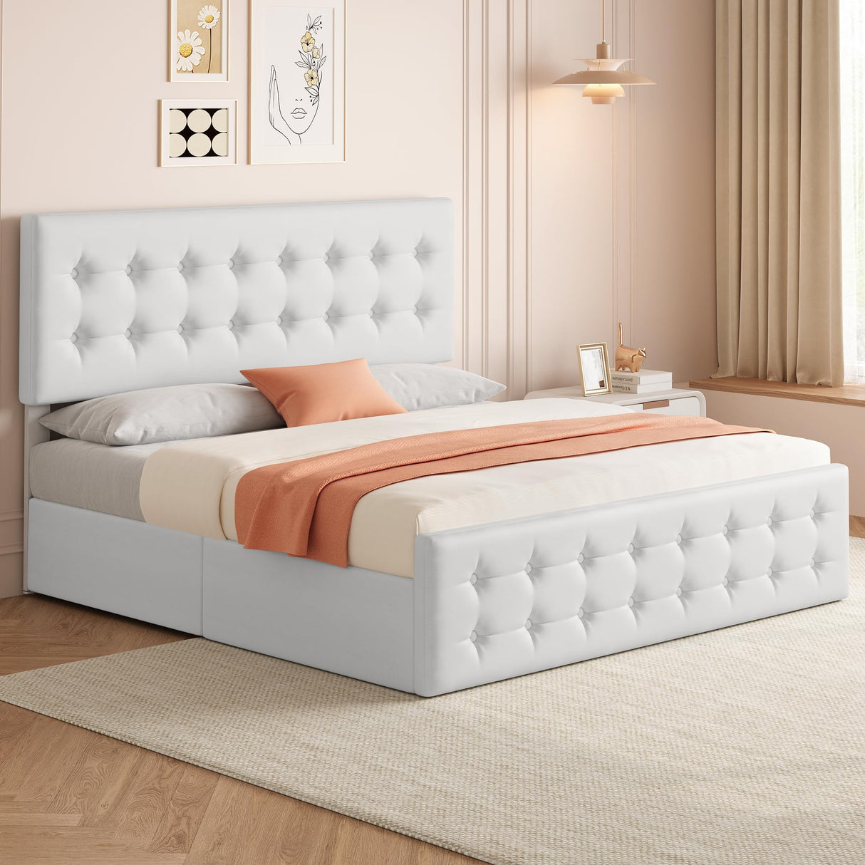 IDEALHOUSE King Size Bed Frame with 4 Storage Drawers and Headboard, Faux Leather Upholstered Platform Bed Frame with Wooden Slats Support, Button Tufted Design, No Box Spring Needed, White IDEALHOUSE