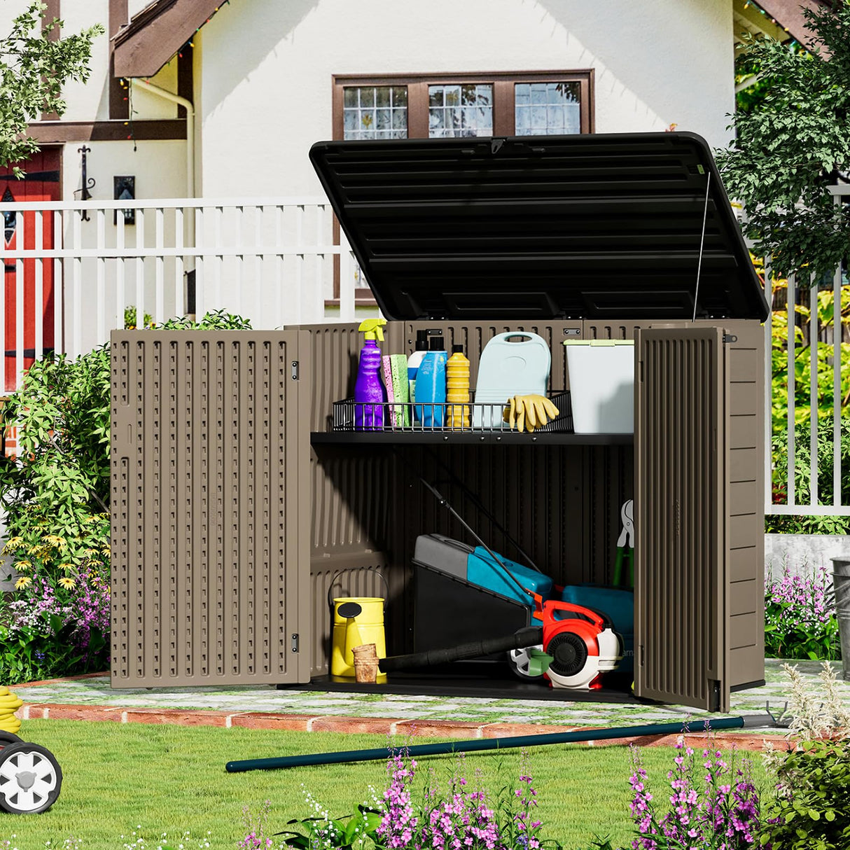 ZZM Large Outdoor Storage Shed, 48 Cu Ft Resin Versatile Storage Cabinet for Patio Accessories, Trash Cans & Garden Tools, Durable Horizontal Storage Box with Lockable Lid (Coffee) ZZM