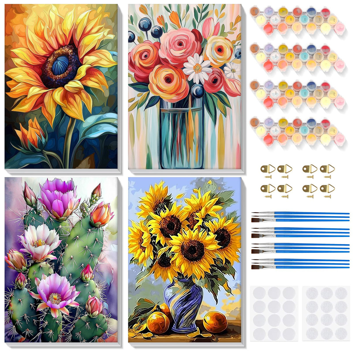 Bowetile 4 Pack Flowers Paint by Numbers for Adults Beginners Framed, Sunflower Adults' Paint-by-Number Kits, Easy Adult Paint by Number Kits on Canvas, Acrylic Number Painting for Home Decor, 8x12in Bowetile