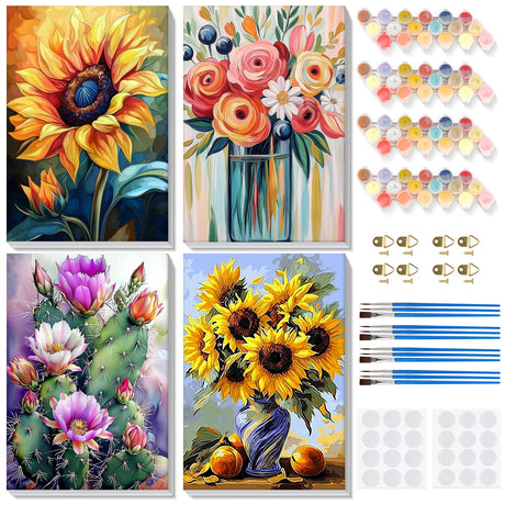 Bowetile 4 Pack Flowers Paint by Numbers for Adults Beginners Framed, Sunflower Adults' Paint-by-Number Kits, Easy Adult Paint by Number Kits on Canvas, Acrylic Number Painting for Home Decor, 8x12in Bowetile
