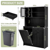 XM-ICE Freestanding Tilt-Out Trash Can Cabinet with Deodorising Function, 70" Kitchen Pantry, Storage with Microwave Shelf & Adjustable Shelves for 10 Gallons Bin, Kitchen Hutch, Black XM-ICE