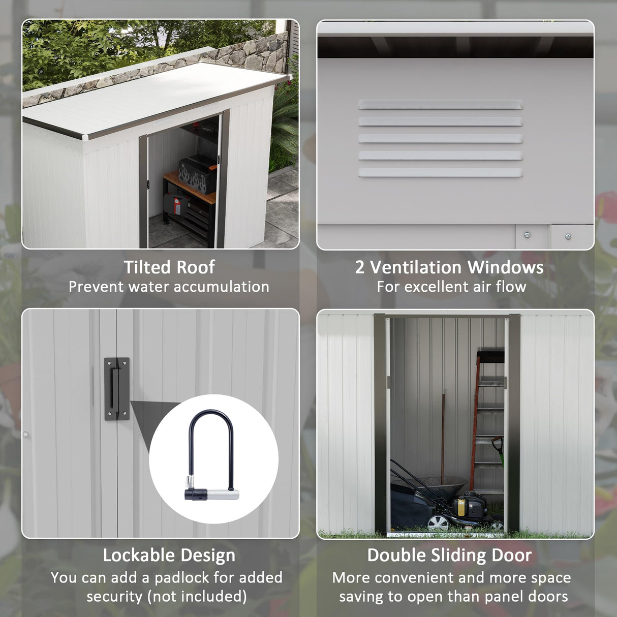 Outsunny 8' x 4' Metal Lean to Garden Shed, Outdoor Storage Shed, Garden Tool House with Double Sliding Doors, 2 Air Vents for Backyard, Patio, Lawn, White Outsunny