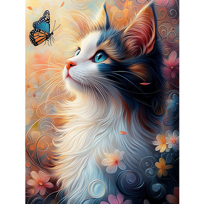 5D Diamond Art Kits for Adults, Cat Butterfly Diamond Painting Kit for Beginner, Full Round Drills Paint with Diamonds Dot Gem Art On Canvas DIY Crafts for Wall Decor 12X16 inch