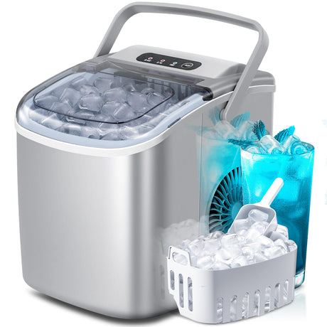 Portable Countertop Ice Maker Machine with Handle, 9 Bullet-Shaped Ice Cubes Ready in 6 Mins, 26Lbs/24H, Self-Cleaning Function with Ice Scoop and Basket for Home/Kitchen/Party (Grey) Crzoe